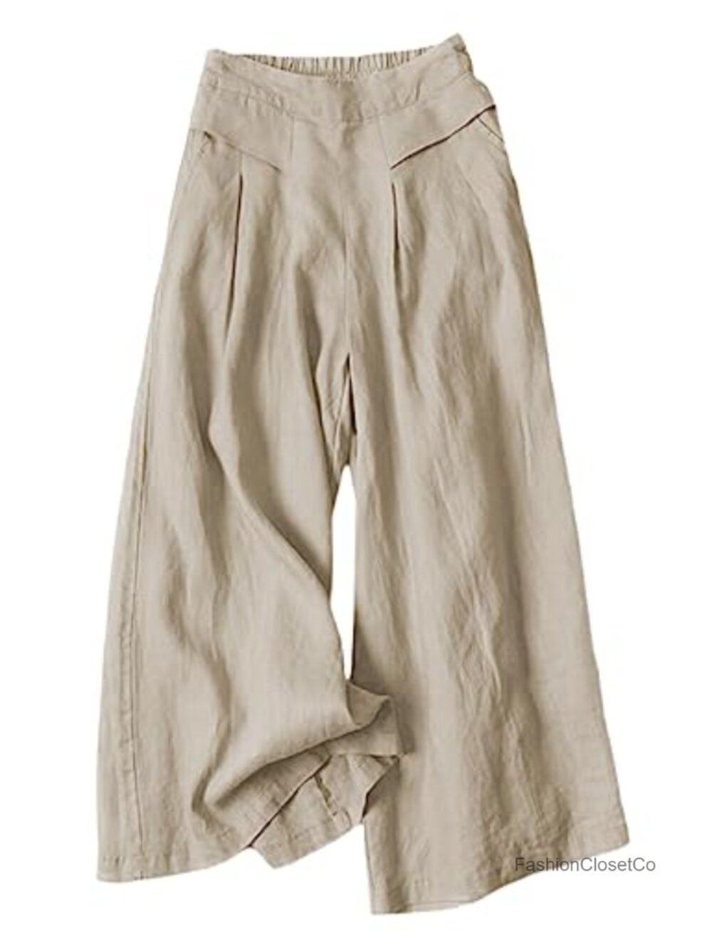 Women's Cotton Linen Wide Leg Culottes Capri Pants Elastic Waist